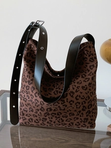 Fashionable leopard print tote bag with adjustable black leather wide shoulder strap