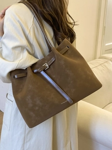 Vintage brown suede tote bag for women featuring large capacity and minimalist shoulder strap