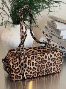 Sac à Épaule Imprimé Léopard Rétro pour Femmes Mode en Cuir PU Sac Polochon Décontracté Grande Capacité Sac Sous le Bras