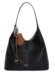 Chic black hobo shoulder bag with a cute brown plush bear charm on white background