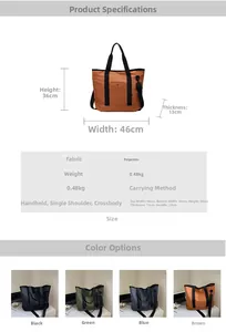 Detailed size chart of large canvas tote bag showing dimensions and four color variants