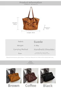 Size chart detail for large suede tote bag showing dimensions 50x30x18cm and three colors
