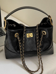 Gesteppte Rauten PU Leder Tote Tasche Mit Metallkette Riemen Kontrastfarbe Spleißen Umhängetasche Für Damen Alltag