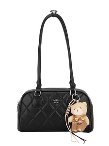 Black quilted crossbody bag with long strap and fashion teddy bear charm pendant