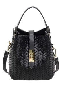 Classic black woven bucket bag with top handle and gold twist lock closure for women