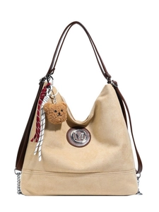 Sac cabas rétro en daim kaki pour femme avec poignées brunes et pendentif ours en peluche