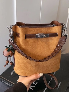 Vintage PU Leather Suede Bucket Bag For Women Retro Woven Handle Crossbody Bag With Metal Turn Lock Versatile Shoulder Bag