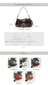 Detailed size chart and multi-color display of studded faux leather shoulder bag