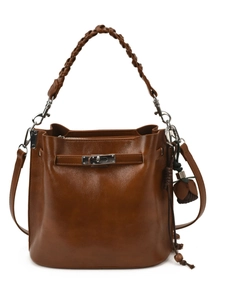 Retro dark brown oil wax leather bucket bag with woven handle and vintage tassel detail