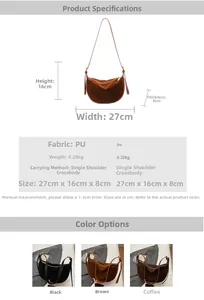 Detailed size specifications and material parameters for the vintage PU leather moon bag
