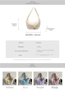 Size guide for large fabric shoulder bag showing dimensions and colors available