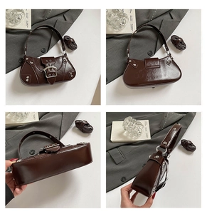 Vues détaillées du sac baguette marron vintage avec clous argentés et bandoulière