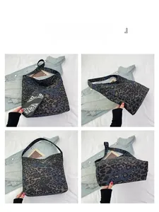 Detail shots of leopard print tote bag showing multiple angles on white fabric backdrop