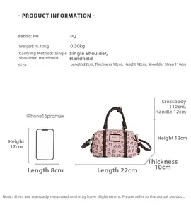 Detail view of leopard print PU handbag showing size 22x10x12cm and 0.30kg weight specs