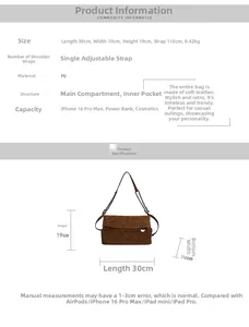 Detailed view of brown quilted PU shoulder bag with dimensions and interior structure