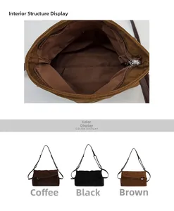 Quilted suede shoulder bag interior structure and color options in brown and black