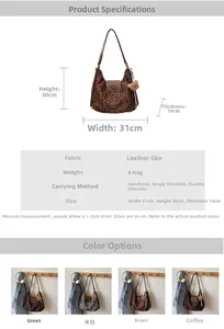 Size chart showing dimensions and colors for leopard print suede tote backpack