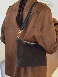 Large dark brown suede hobo bag with gold hardware for autumn and winter outfits