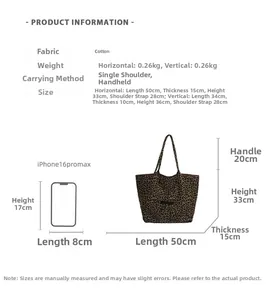 Size chart showing dimensions for leopard print canvas tote bags compared with iPhone