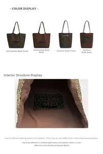 Detail view of the spacious leopard print tote interior and sturdy canvas patchwork