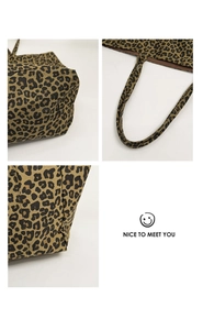 Macro view showing durable canvas texture and reinforced stitching of leopard print tote bag
