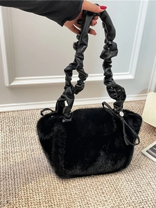 Women Fashion Plush Shoulder Bag Large Capacity Bucket Handbag Ruched Handle Bowknot Autumn Winter Casual Crossbody Bag