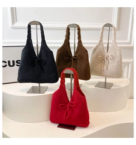 Detailed knit texture and bow accent on stylish autumn knit tote bags in four colors