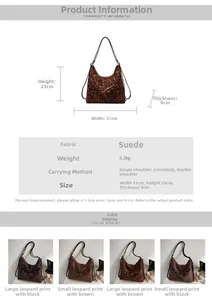 Detailed size specifications and material chart for the leopard print faux suede tote bag