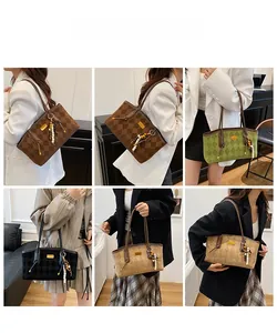 Collage of model carrying retro quilted suede tote bags with beaded tassel in four colors