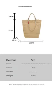Detailed size chart and specifications for the nylon tote bag with exact measurements