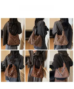 Detailed views of leopard print faux suede tote bag styled with casual commuting outfits