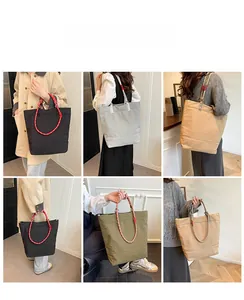 Collage of casual tote bags in multiple colors with woven rope handles shown in daily use