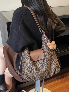 Retro leopard print tote bag with brown leather strap and cute bear charm for women
