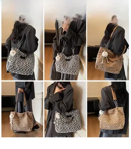 Fuzzy gray and tan tote bags shown in various carrying styles with plush ball charms