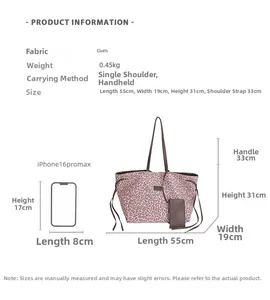Sac fourre-tout léopard dimensions 55x31x19cm avec référence de taille pour échelle