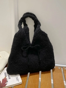 Women Sweet Knitted Shoulder Bag With Bow Decoration Soft Autumn Winter Tote Handbag Solid Color Commuting Bag