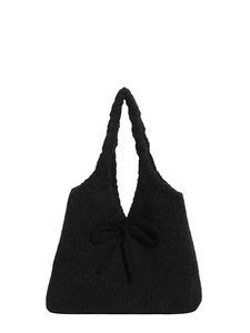 Elegant black knit tote bag with bow detail and twisted shoulder strap for women