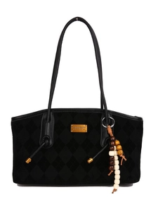 Vintage black suede tote bag with diamond quilted pattern and wooden bead tassel