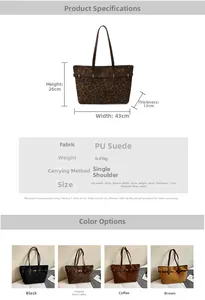 Detailed chart showing leopard print tote bag dimensions and four color variants
