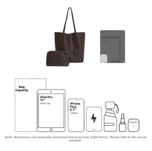 Detail showing the inner capacity of a brown pebbled leather tote bag with an iPad