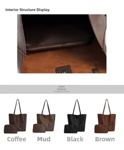 Detail view of the spacious bucket bag interior pocket and four stylish color options