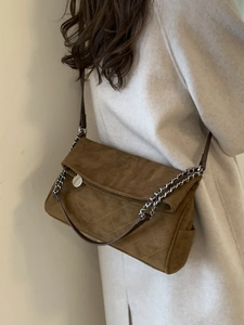 Brown quilted suede shoulder bag with silver chain strap for women autumn winter style
