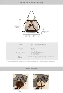 Detail of plush drawstring bucket bag showing faux fur texture and sizing dimensions