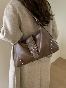 Retro brown faux leather hobo tote bag with silver studs and a metallic zip closure