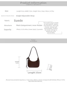 Detailed size chart of a dark brown suede hobo bag with dimensions 33x10x15cm