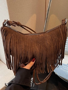 Vintage Faux Suede Fringe Crescent Shoulder Bag For Women Bohemian Tassel Crossbody Bag Soft PU Leather Hobo Handbag