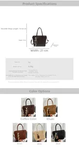 Detailed size specifications and color variants of the minimalist PU leather bucket bag
