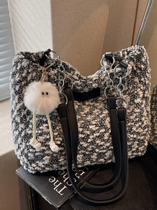 Women Vintage Boucle Tweed Tote Bag Large Capacity Shoulder Bag With Chain Strap Plush Monster Pendant Commuting Crossbody Bag