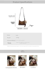 Detailed size and specs diagram for leopard print suede crossbody bag with bear charm