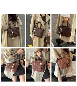 Collage of model showing woven tote bag in deep brown and tan worn as crossbody or shoulder bag